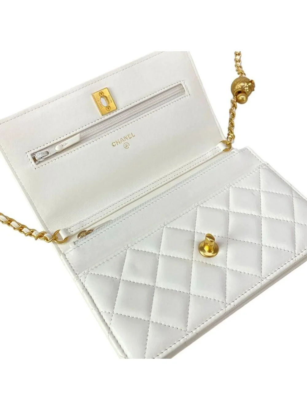 Chanel Wallet Quilted White Chain Gold Coco Ball Aja Star Lambskin Shoulder Bag